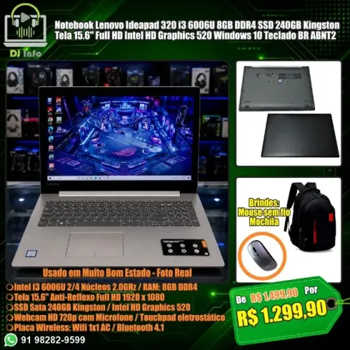 Notebook Lenovo Ideapad 320 i3 6006U 8GB DDR4 SSD 240GB Kingston Wifi e Bluetooth