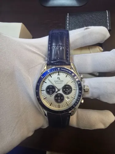 Relógio HARCHER Cronógrafo Quartz Panda Azul com Pulseira de Couro fecho borboleta