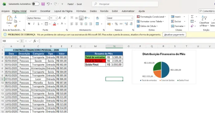 Planilha de Controle Financeiro Automática em Excel com Gráfico - R$50
