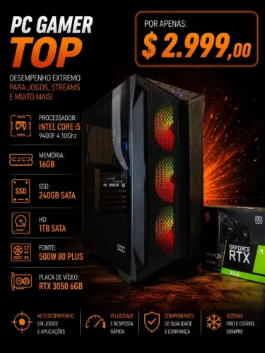 PC Gamer Core i5 9400F 4.1Ghz / Mem 16Gb / SSD 240Gb+HD 1Tb / RTX 3050 6Gb (aceito cartão)