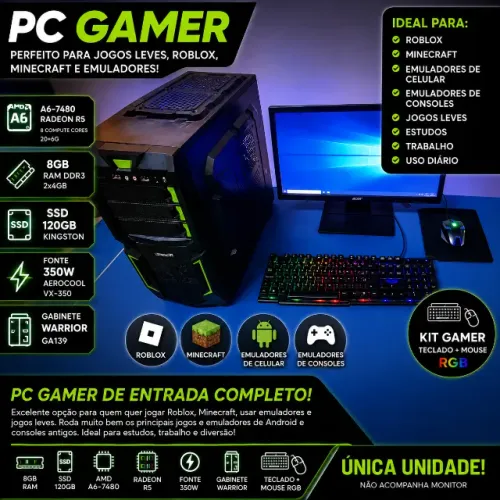 PC Gamer de entrada AMD A6 8GB SSD 120GB | Roblox, Minecraft + Emuladores | Kit Gamer RGB