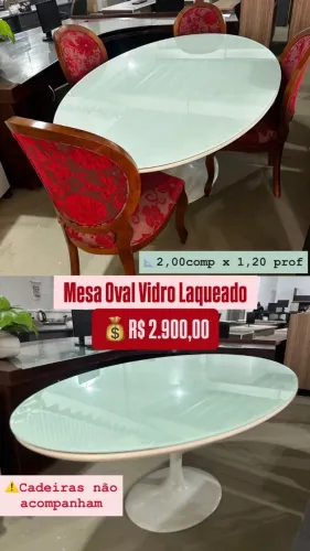 MESA OVAL COM VIDRO LAQUEADO