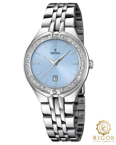 Relógio Festina Feminino Mostrador Azul Claro Caixa com Pedras Brilhantes