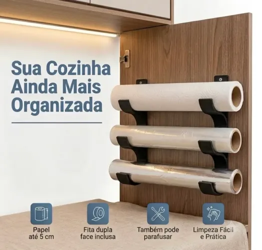 Suporte Organizador para Rolos de Cozinha Alumínio, Papel Manteiga e Filme Plástico.