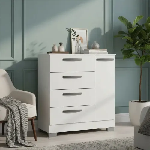 Cômoda Ambiente 868 4 Gavetas e 1 Porta Branco Brilho - Poquema