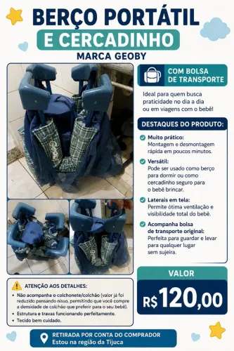 Berço Portátil Cercadinho Geoby - Com Bolsa de Transporte