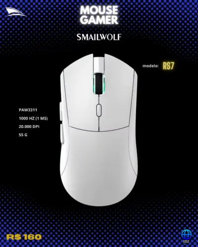 Mouse Gamer Smailwolf RS7 / LACRADO / PAW 3311 / Branco / 1000hz