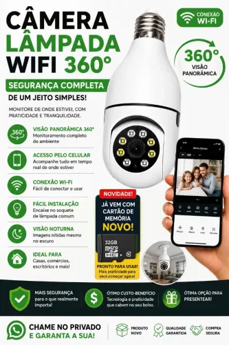 CÂMERA LÂMPADA WIFI 360° PANORÂMICA ?