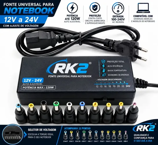 Fonte Alimentação Notebook e Outros Mod. Bivolt 12V a 24V