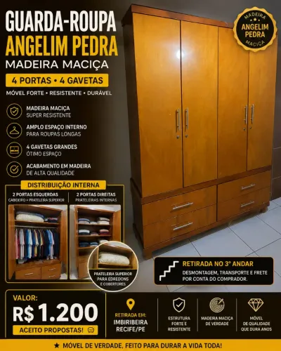 Guarda-Roupa Casal Angelim Pedra Madeira Maciça 4 Portas 4 Gavetas