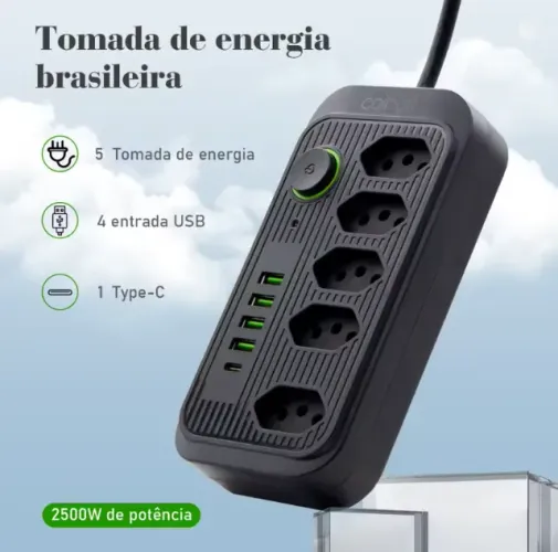 Extensão Coibeu WKC-541 - 5 Tomadas + USB-C | Nova