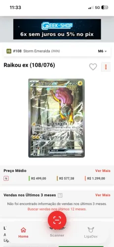 Carta Pokémon Raikou EX (108/076) japonês