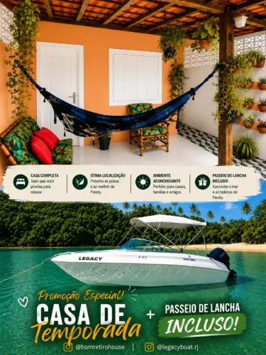 Casa para temporada em Paraty com Passeio de Lancha em Paraty Incluso.