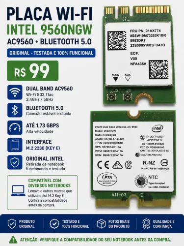 Placa Wi-Fi Intel 9560NGW AC9560 Bluetooth 5.0 M.2 Lenovo 01AX774