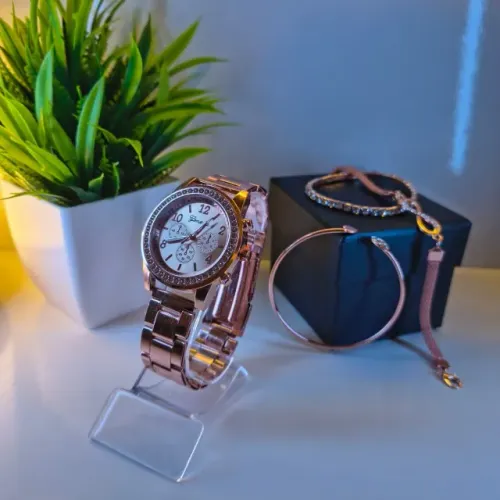 Relógio Feminino Geneva® Rosé Aço Inox + Caixa + 3 pulseiras Acessórias