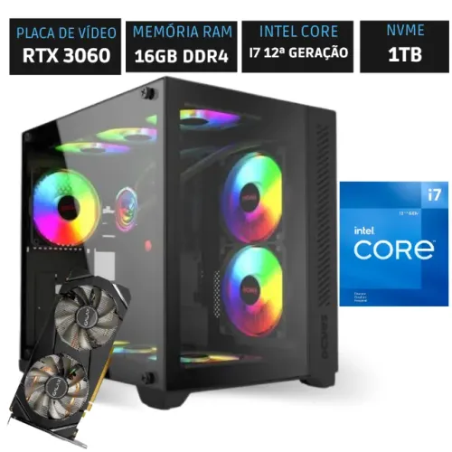 PC Gamer Intel i7 12700F, 16GB DDR4, RTX 3060, SSD NVMe 1TB, Gabinete Forcefield Black Vul
