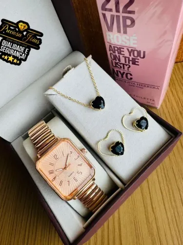 Kit bonequinha relógio feminino acompanha colar e brincos