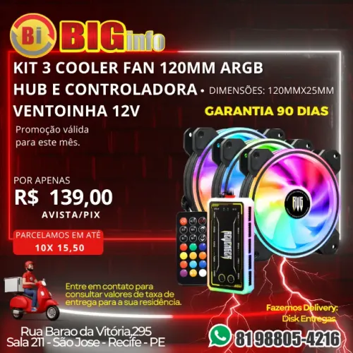 Kit 3 Cooler Fan LED RGB, 120Mm, Com Controlador, Gabinete, Pc Gamer, Ventoinha