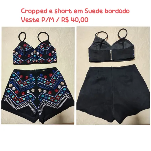Conjunto cropped e short em suede P/Mbordado
