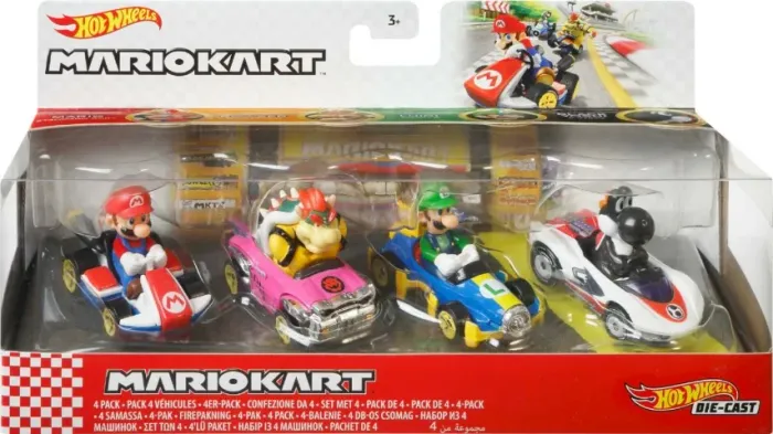 Hot Wheels Mario Kart Die-cast Pack 4 carrinhos Mario, Luigi, Bowser e Black Yoshi