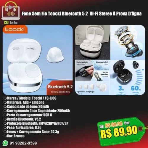 Fone Sem Fio Toocki Bluetooth 5.2  Hi-Fi Stereo À Prova D'Água