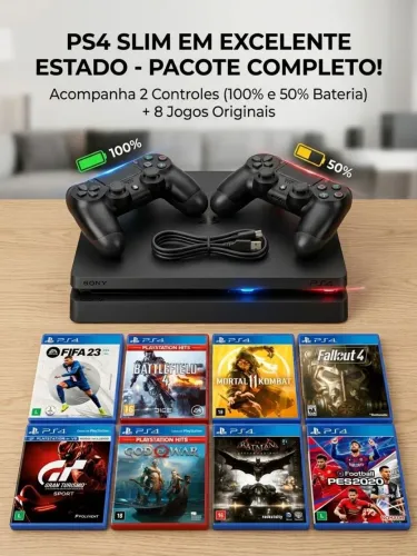 PS4 Slim Em Excelente Estado + 2 Controles + 8 Jogos Originais!
