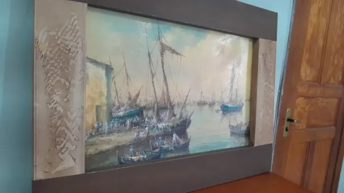 Quadro Vintage Marinha Óleo Sobre Tela Barcos Moldura 104x85
