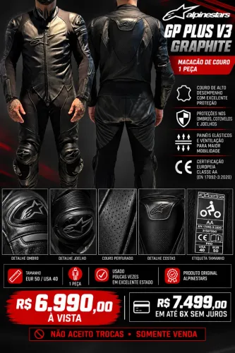 MACACÃO ALPINESTARS GP PLUS V3 GRAPHITE - 1 PEÇA | ORIGINAL
