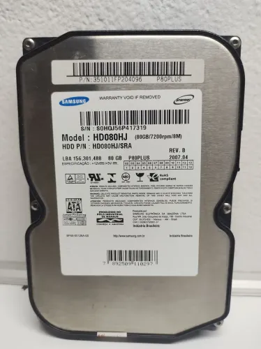 HD Samsung HD080HJ 80GB SATA 7200RPM Testado 100% Sem Erros SMART Retro PC