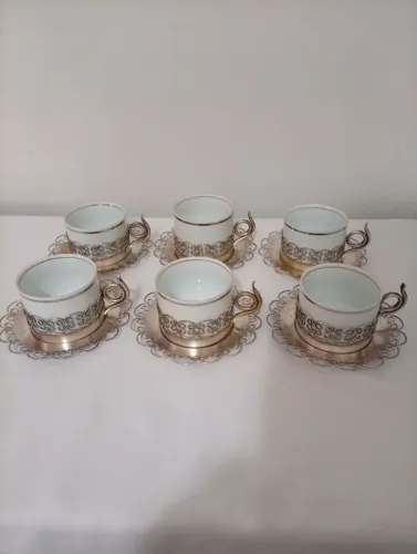 6 Xícaras de Chá Porcelana Branca Real e Suporte e Pires Prata 90 Marca Marchetti