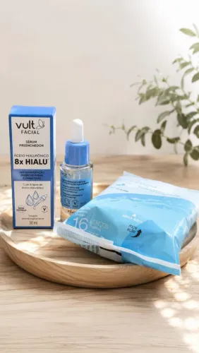 Kit Skincare Vult - Sérum Preenchedor Ácido Hialurônico 8x Hialu + Lenços Toalhas (Novo)