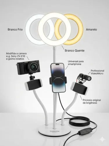 Ringh light de mesa flexível e com três suportes, três tons de iluminação e regulável.