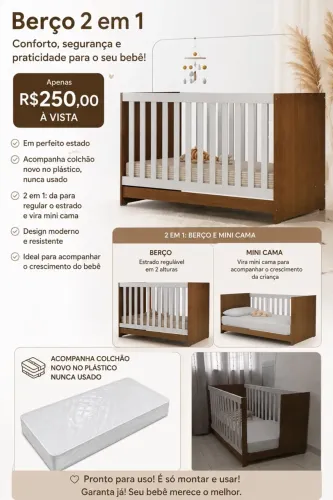 Berço bb 2 em 2 com colchão 
