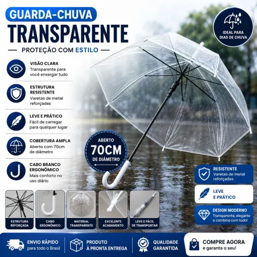 Guarda-Chuva Transparente 70cm Grande Resistente Cabo Branco