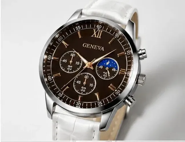 Relógio Masculino Geneva Elegante - Fundo Marrom e Pulseira Branca<br>