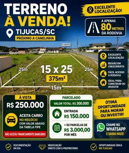Terreno em Tijucas Próximo a Canelinha | Parcelamento Direto / ACEITA CARRO