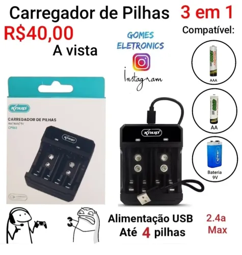 Carregador de Pilhas compatível com Pilha Palito, Média bateria 9V - X box (Loja física)