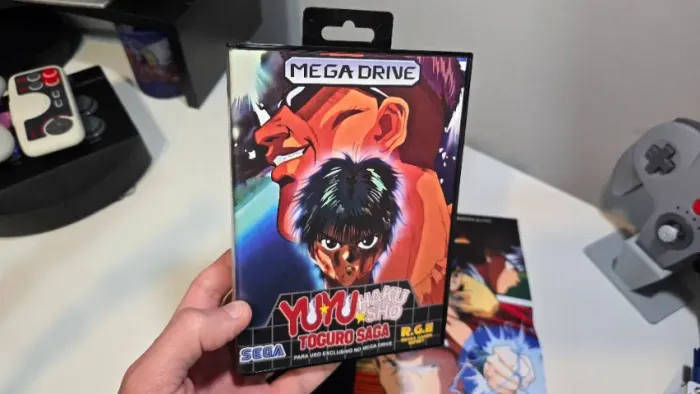 Cartucho jogo Mega Drive YuYu Hakusho Toguro Saga romhack com caixa, manual e poster