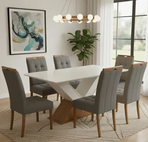 Conjunto de Jantar 6 Lugares com Vidro Off White e Veludo Grafite