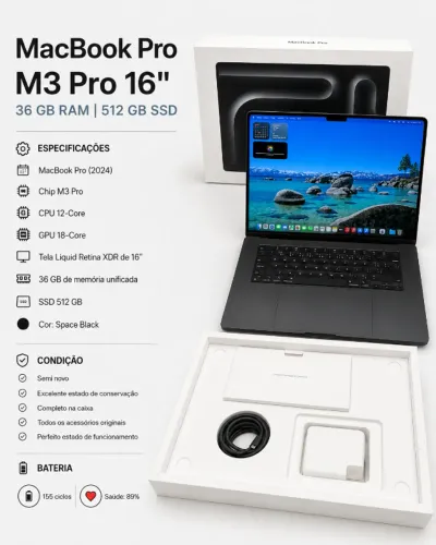Macbook Pro 16 Pol - M3 Pro 36 GB 512 Ssd - Completo na caixa