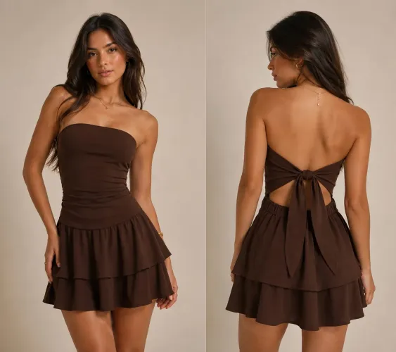 Vestido Tomara que Caia Marrom com Costas Abertas e Amarração + Zíper Lateral