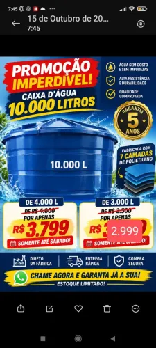 Caixa d'água menor preço do Brasil ,5 anos garantia feito de 7camadas de polietileno