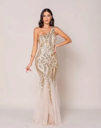Vestido de Festa Longo Paetê Dourado