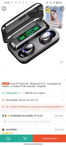 Fone de ouvido via bluetooth