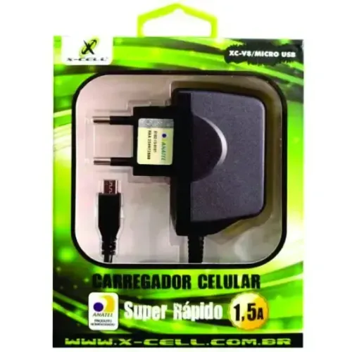 Carregador micro-USB bivolt XC-V8 preto X-Cell® (homologado p/ Anatel) super-rápido 1,5 A
