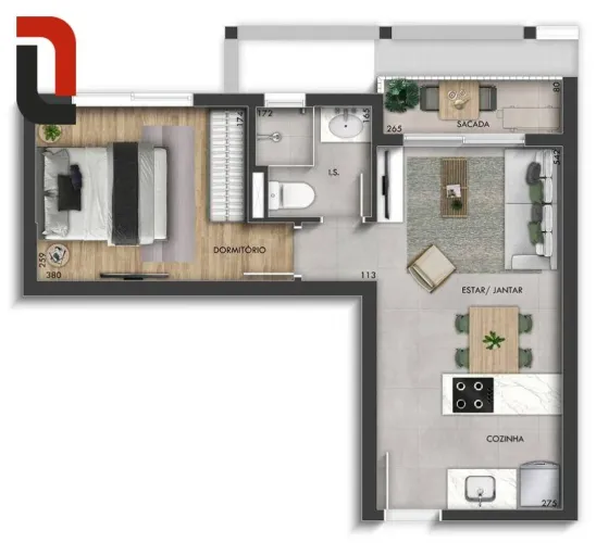 Hall Design Apto 34m² 1 quarto c/ sacada no Centro Cívico