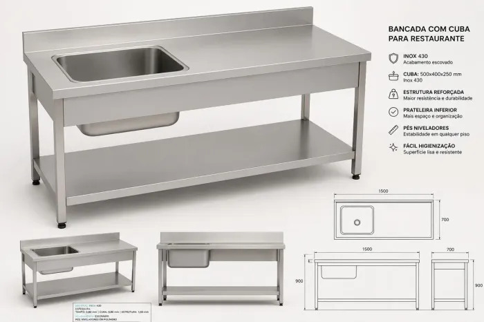 Bancada com cuba inox para restaurante 