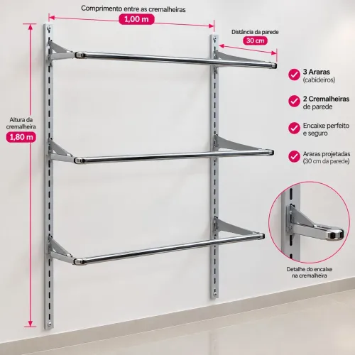 Kit 3 araras de parede com 2 trilhos cremalheira cromado para loja