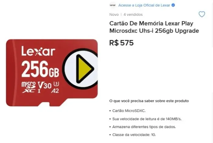 Cartão Microsdxc 256gb Lexar Play Uhs-i U3 V30 A2 205mb/s