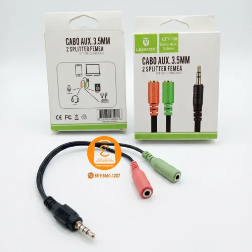 Cabo Adaptador Y 2 P2 fêmea x P3 macho para Microfone, Fones, Headset PC, Computador, Note
